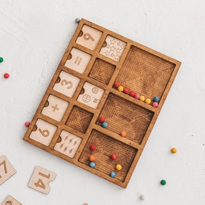 Wooden math and counting tray for homeschool and kindergarten, Montessori materials - learn Math games - Preschool Numbers and Counting tray