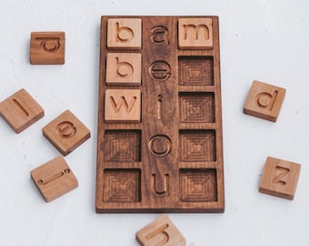 Wooden Scrabble Spelling Board, Alphabet Tiles Set, Montessori Literacy Learning, Preschool Homeschool Word Game