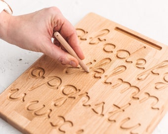 Wooden Cursive Alphabet Tracing Board, Montessori Letter Practice