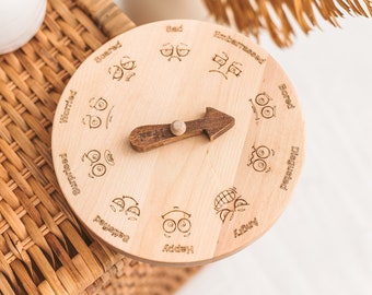 Wood Emotion and Feelings wheel, kids Learn 10 different feelings and emotions, Montessori educational toys, Waldorf emotion chart materials