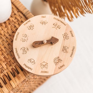 Wood Emotion and Feelings wheel, kids Learn 10 different feelings and emotions, Montessori educational toys, Waldorf emotion chart materials