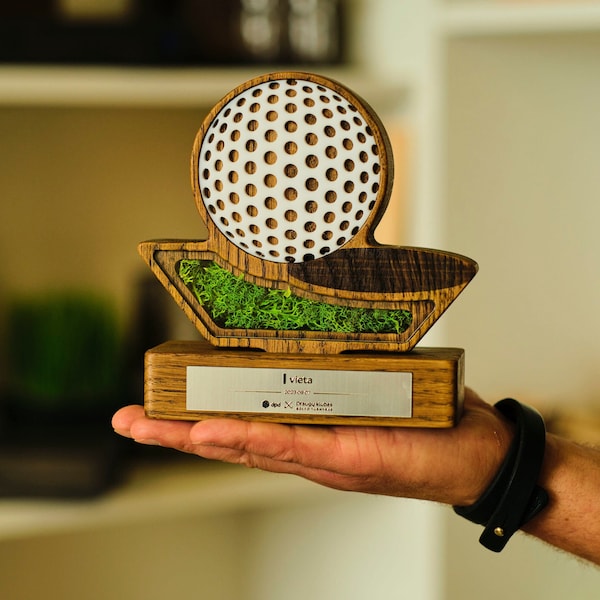 Wooden Golf Trophy - Award with Personalized Engraving, Elegant Golf Recognition Plaque, Unique Decorative Prize for Golf Achievements