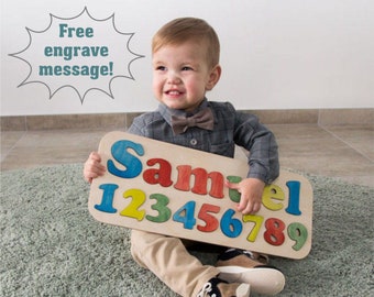 Quebra-cabeça de madeira com nome e números, placa personalizada com nome, quadro de nome personalizado, lembrança decorativa para quarto de bebê.