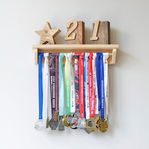 Wood Medal holder shelf, display hanger, sports Trophy shelf and rack for medals, sports christmas gift idea, trophies gift, awards shelf