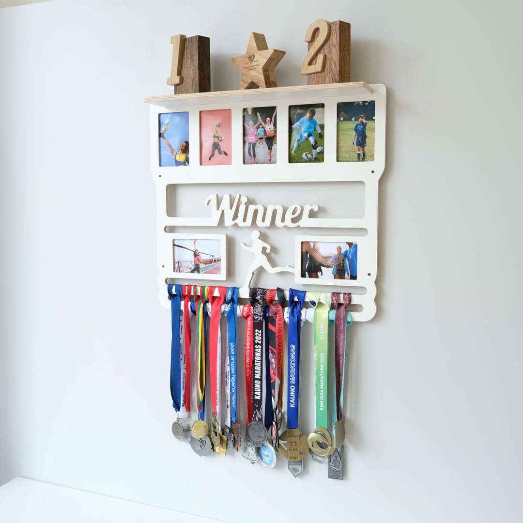 Resama Medal Holder Display Rack - 12 Rungs, Wall Mount, Holds 60+ Medals, Soccer Theme