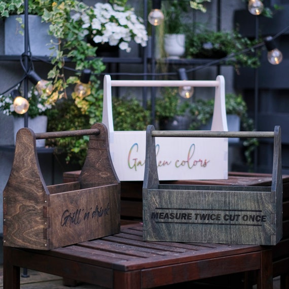 Wooden Garden Tool Caddy – 4-Compartment Organizer Basket With Handle For Gardening