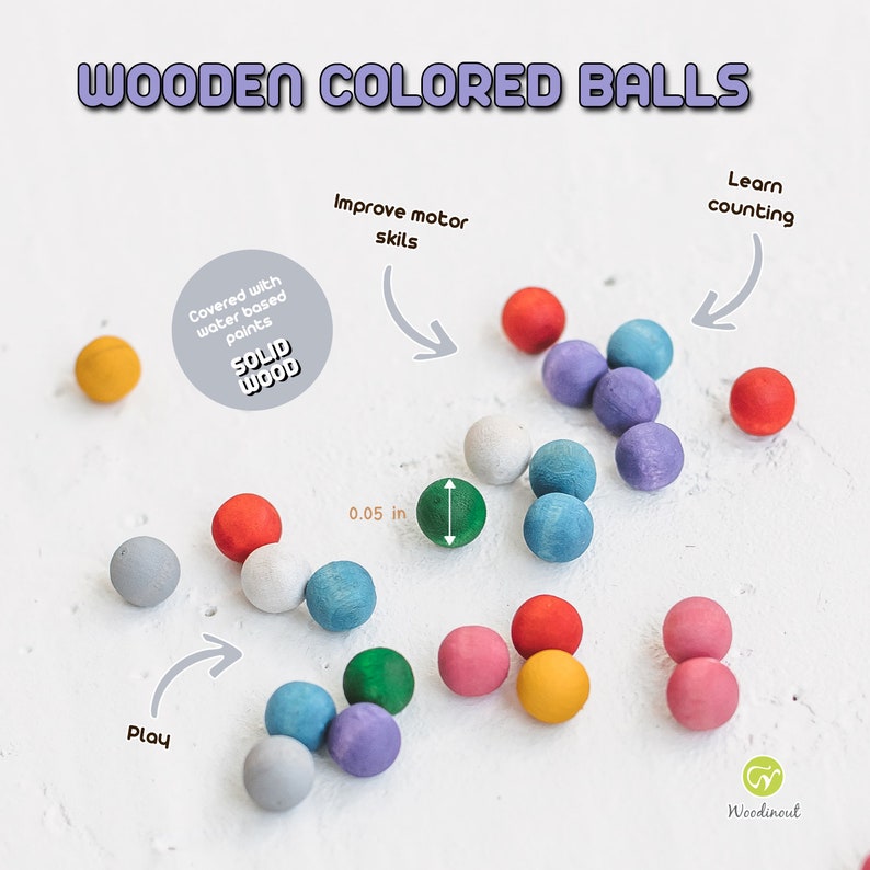 May include: A set of 15 colorful wooden balls, each measuring 0.05 inches in diameter. The balls are painted with water-based paints and are made of solid wood. The balls are arranged in a circle on a white surface. The text "SOLID WOOD" is visible in the image. The image also includes text that says "Learn counting", "Improve motor skills", and "Play".