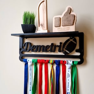 Medal display hanger with shelf custom name and sports figure, Medal holder perfect birthday gift for kids, Trophy shelf and rack fro medals