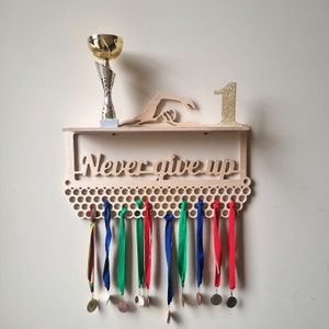 Medal display hanger with shelf custom name and sports figure, Medal holder perfect birthday gift for kids, Trophy shelf and rack for medals