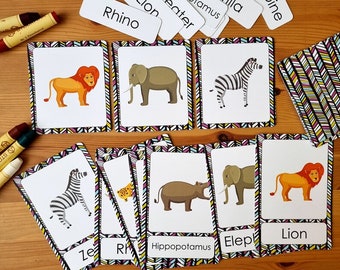 African animals, Montessori jungle animals learning flash cards for kids kindergarten, preschool, homeschool, Instant printables, flashcards