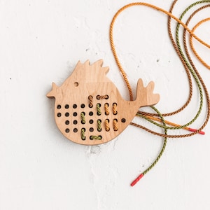 Montessori toddler wood lacing toy BIRD - threading activities by Woodinout
