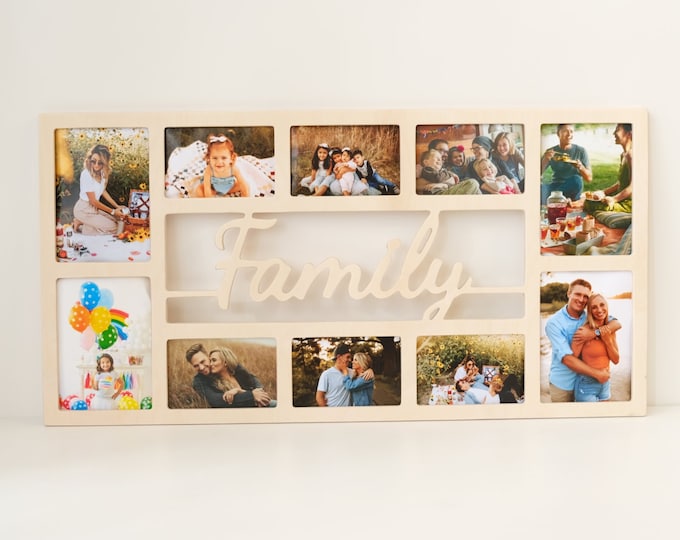 Family photo collage frame, custom, personalized, gift idea, wooden multi-photo frame, home wall decor collage, handmade wood hanging gifts