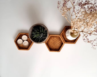 Wooden hexagon candle plate, pretty decorative geometric dice tray, 4 different sizes, home decor, ring tray