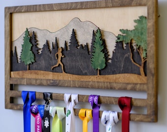 Christmas Running Medal Display, Personalized Running Medal Holder, Custom Sports Medal Hanger with Shelf, Wooden Rack