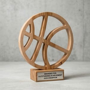 Peut inclure: Trophée en bois en forme de ballon de basket-ball avec une base rectangulaire. Le trophée est en bois clair et présente un motif découpé. La base comporte une plaque métallique avec le texte "AWARDED FOR: OUTSTANDING ACHIEVEMENT 2028 CHAMPION."