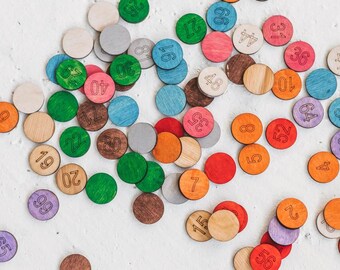 Colored wooden coins with numbers