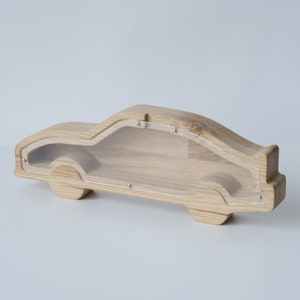Wooden piggy bank CAR, Personalized text on piggy bank glass, custom gift for boys or girls supercar coin bank, Montessori piggy bank gifts