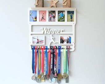 Wooden medal holder photo frame display hanger, holder, rack, sport gifts, Running medal holder, Medal rack,  Race medal holder, custom name