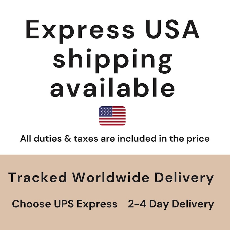 May include: A white rectangular graphic with black text that reads Express USA shipping available, followed by a small United States flag icon, and the text All duties & taxes are included in the price, Tracked Worldwide Delivery, Choose UPS Express 2-4 Day Delivery.