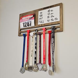 Running Medal and Personal Bests Display Board, Medal display holder for medals and bibs, Whiteboard, Personalized medal holder engraved