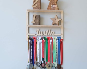Personalized Wooden Medal Hanger with Shelves, Custom Sports Display Rack