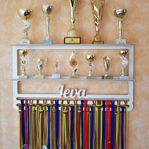 Custom Medal hanger with double shelf, Birthday gift for kids, Running gifts, wooden Running medal holder, Personalized Medal rack,