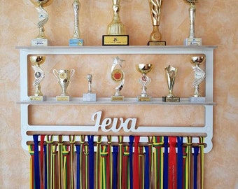 Custom Medal hanger with double shelf, Birthday gift for kids, Running gifts, wooden Running medal holder, Personalized Medal rack,