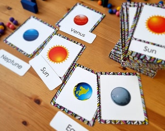 Solar system flashcards, planets printable flash cards, Montessori school learning resources for kids and toddlers, educational science toys