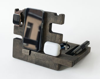 Custom Name Docking Station, Phone Docking Station For Boss, Watches Organizer, Wooden Bedside Organizer, Gift for Boss