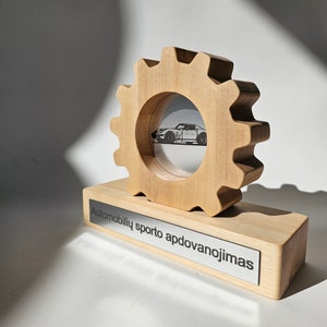 Custom moto sport award, Engraved Wooden Cogwheel Trophy, Custom engraving award, Unique Award, Personalized gift, Handcrafted Trophy