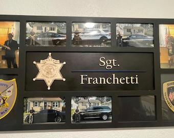 May include: A black rectangular collage frame featuring multiple photographs of a sheriff, patrol vehicles, and Tazewell County Sheriff badges. The center panel displays the text Sgt. Franchetti with a sheriff star badge and a thin blue line.