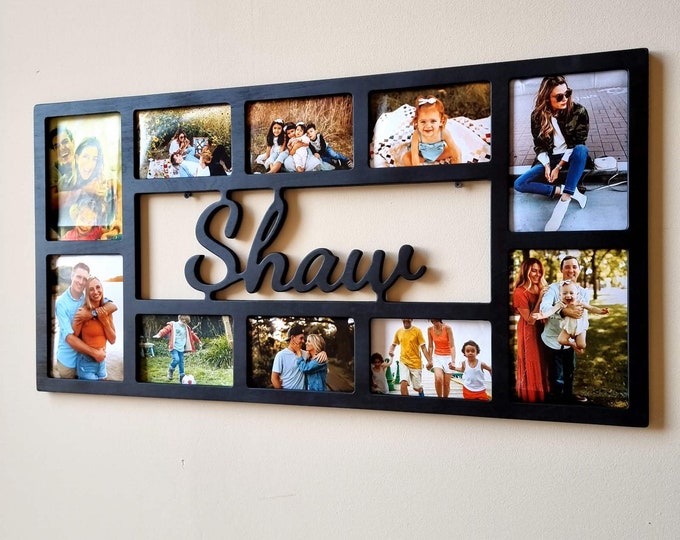 Family Name Photo Frame Collage, Personalized Family Room Wall Decor, Wooden Multiple Picture Frame with 10 photos 5x7 and 4x6