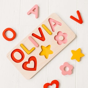 Custom name puzzle for Baby girl gift, Baby shower gift, Wooden toy puzzle, Busy board with toddler name and shapes for learning and playing