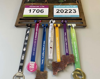 Running Gifts Personalized Medal Holder - Trophy Medal Shelf - Race Bib Display Rack - Custom Wood Medal Hanger - Marathon Runner Gift