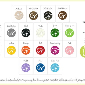 Pode incluir: Carta de cores que mostra 18 cores diferentes de tinta para madeira. As cores est&atilde;o dispostas em uma grade com os nomes de cada cor listados acima da amostra de cor correspondente. A carta &eacute; intitulada "Color chart" e o logotipo da empresa "Woodinout" est&aacute; no canto superior direito.