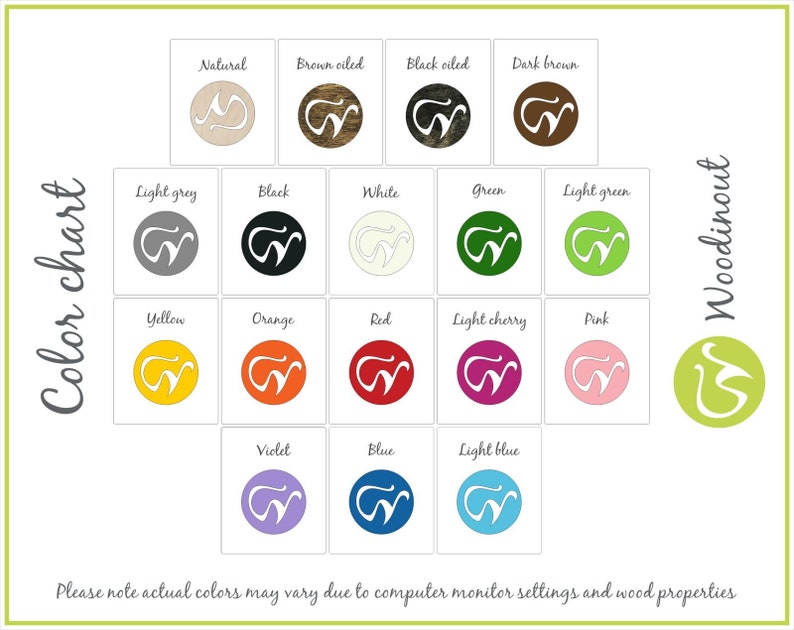 Pode incluir: Carta de cores que mostra 18 cores diferentes de tinta para madeira. As cores est&atilde;o dispostas em uma grade com os nomes de cada cor listados acima da amostra de cor correspondente. A carta &eacute; intitulada "Color chart" e o logotipo da empresa "Woodinout" est&aacute; no canto superior direito.