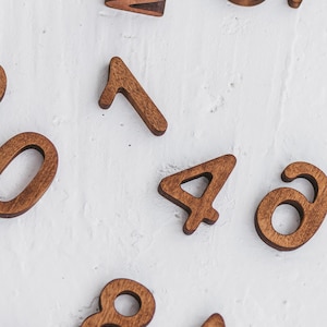 Puede incluir: Una colecci&oacute;n de n&uacute;meros individuales de madera que incluye 0, 1, 2, 4, 5, 6, 7 y 8, cada uno con un acabado liso de veta de madera marr&oacute;n oscuro. Los n&uacute;meros est&aacute;n dispuestos en un dise&ntilde;o disperso, mostrando sus formas y texturas naturales.