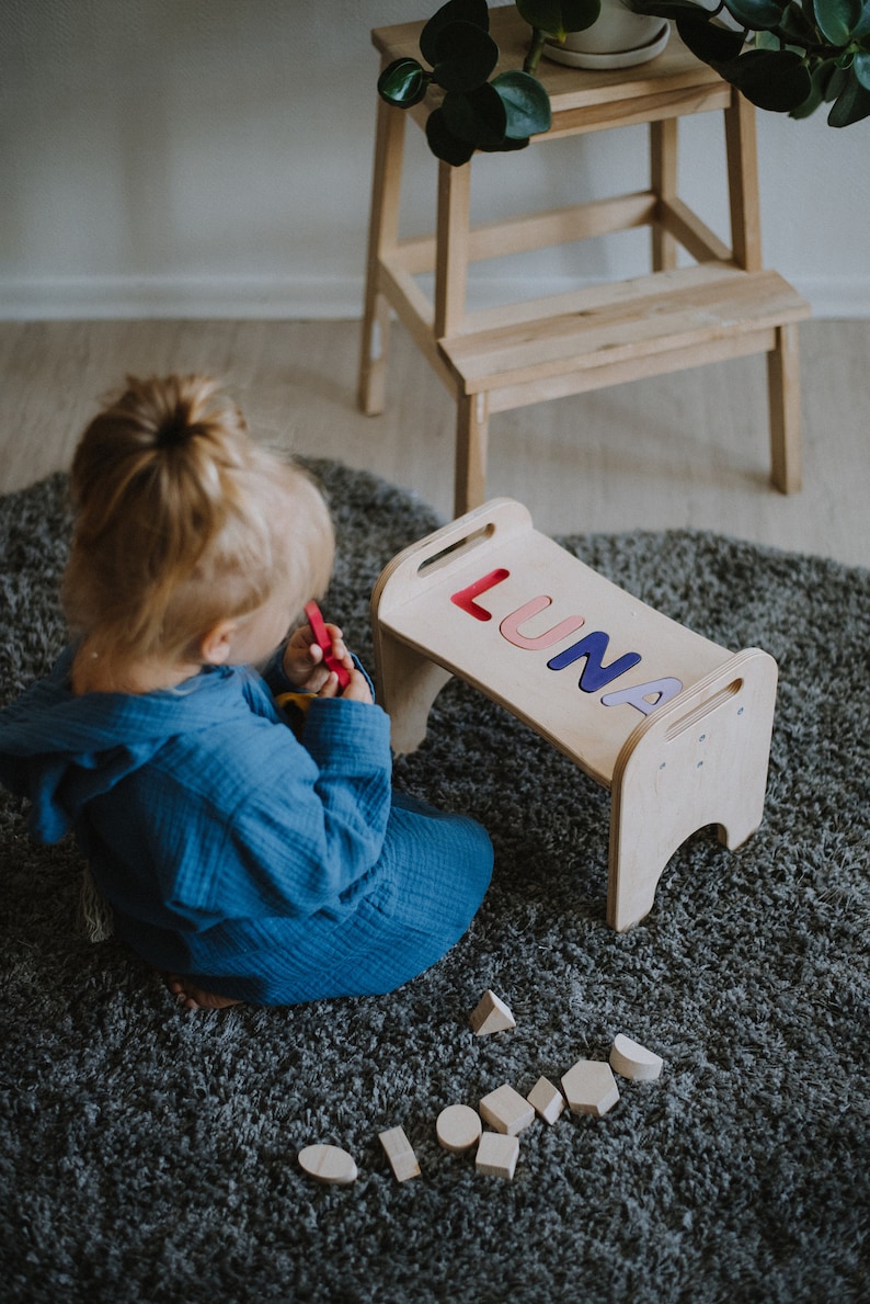 Custom Personalized Name puzzle stool, wooden baby toddler kids name puzzle bench