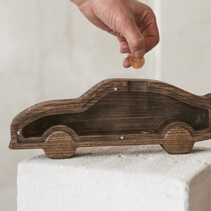 Solid Wooden piggy bank CAR, Personalized text on piggy bank glass, custom gift for boys or girls supercar coin bank, Custom gift for dad
