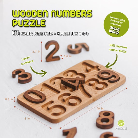 Wooden Numbers Puzzle, Montessori Counting for Toddlers and
