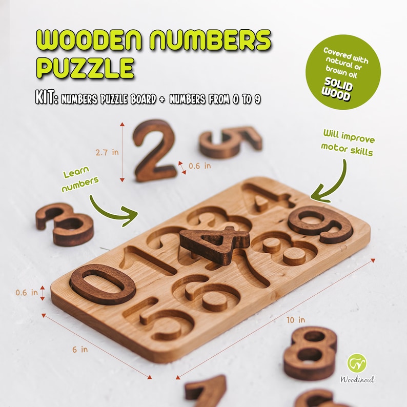 Puede incluir: Un kit de rompecabezas de n&uacute;meros de madera con un tablero rectangular con recortes para los d&iacute;gitos del 0 al 9. El conjunto incluye piezas num&eacute;ricas de madera marr&oacute;n oscuro. El tablero mide 25,4 cm por 15,24 cm, n&uacute;meros de 6,86 cm.