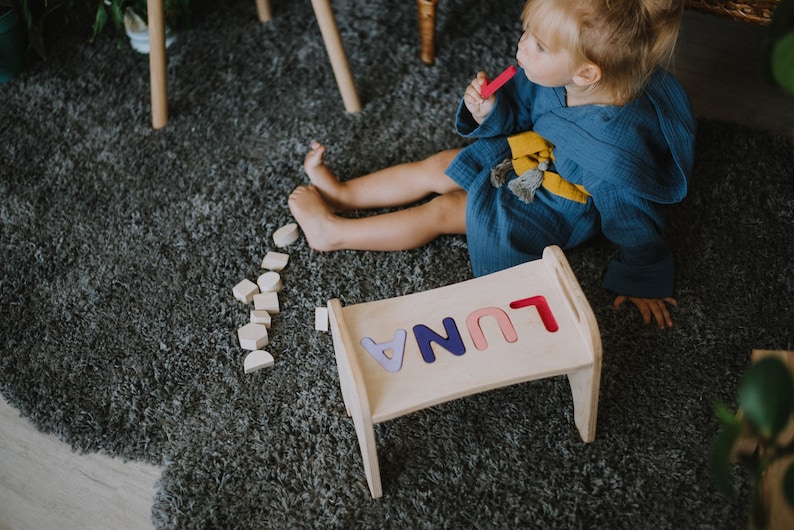 Custom Personalized Name puzzle stool, wooden baby toddler kids name puzzle bench