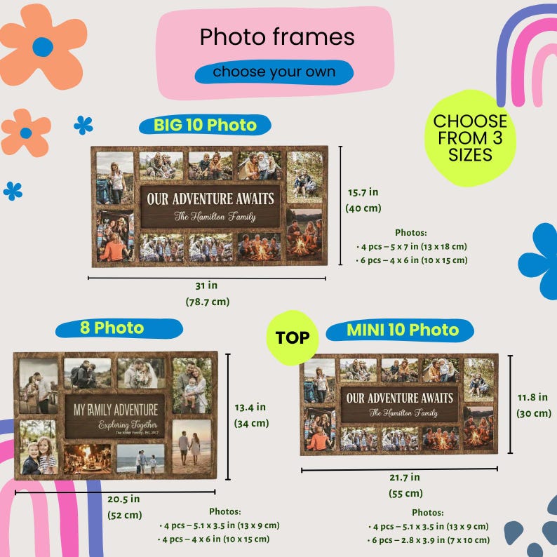 May include: Three wooden photo frame collages with text reading Our Adventure Awaits or My Family Adventure. The frames come in three sizes: 31 by 15.7 inches, 20.5 by 13.4 inches, and 21.7 by 11.8 inches, with various photo slot configurations.