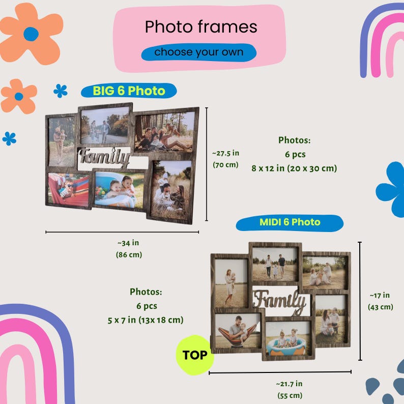Pode incluir: Dois porta-retratos tipo colagem de madeira escura com a palavra Family em letra cursiva. O quadro BIG 6 Photo mede 86 cm por 70 cm para fotos de 20x30 cm. O quadro MIDI 6 Photo mede 55 cm por 43 cm para fotos de 13x18 cm. Ambos comportam seis fotos.