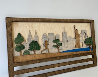 Skyline Running Medal Display, Personalized Running Medal Holder, Custom Sports Medal Hanger with Shelf, Wooden Rack