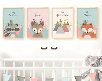 Woodland nursery, Neutral Nursery, Nursery wall art, Forest friends, Nursery set of 4 print, Deer, Fox, Raccoon, Mountains, Digital download