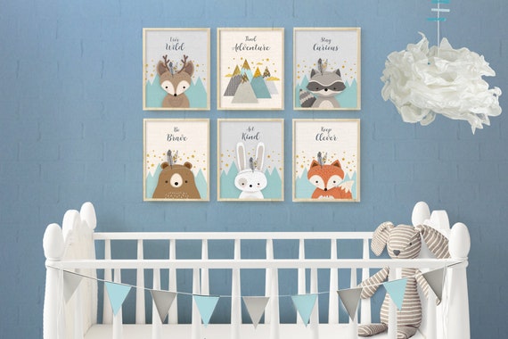 Forest Friends Nursery Print Set Of 6 Blue Woodland Nursery Etsy