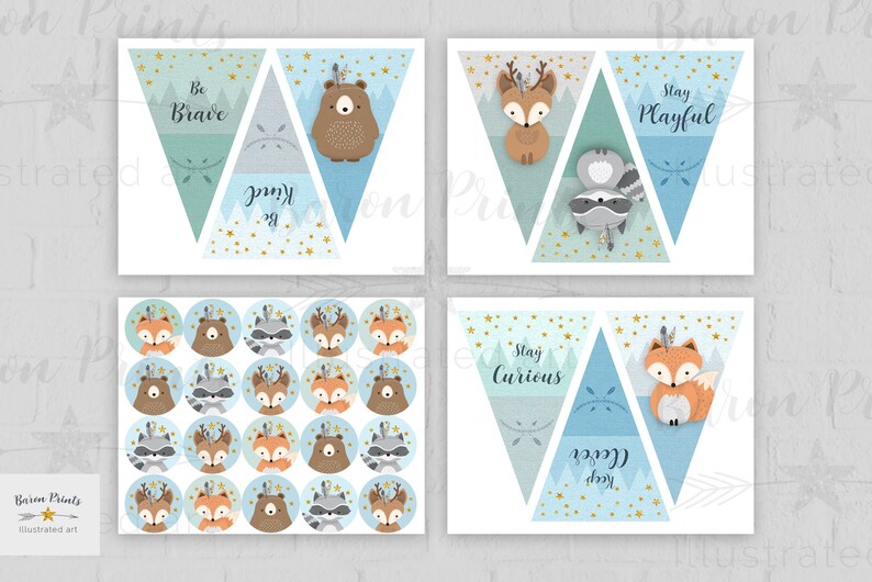 Woodland party decor Woodland animals Woodland baby shower Woodland Animal Cupcake Topper Woodland flag banner Woodland nursery banner