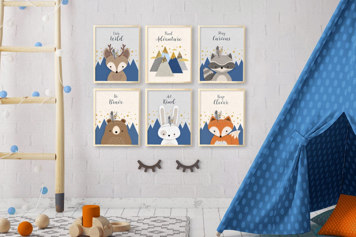Blue Nursery Wall Art Boy Nursery Baby Boy Gift Woodland Etsy