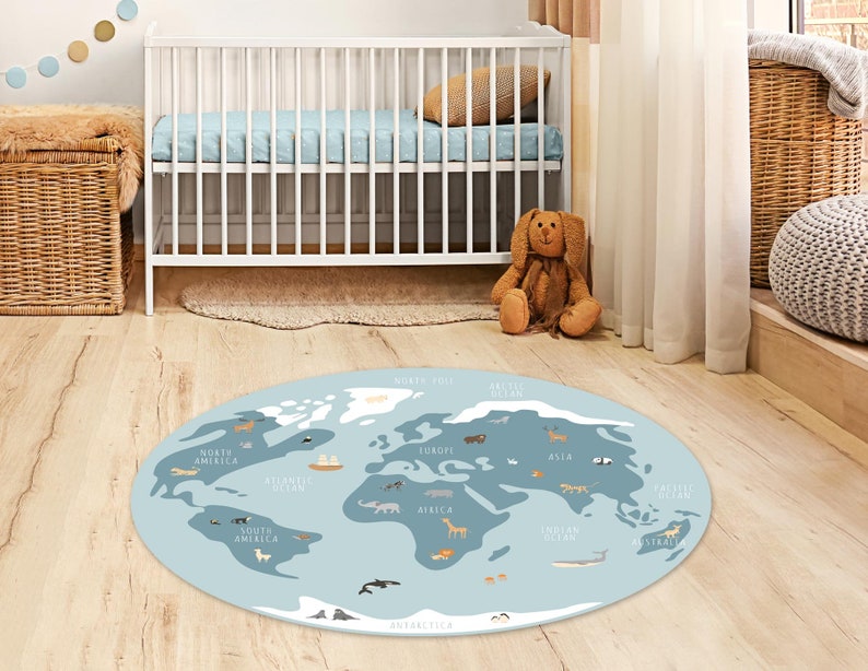 Tapis vinyle carte du monde avec des animaux mignons - Créatrice ETSY : EliorDécor